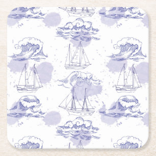 Watercolor Waves & Ships Pattern Square Paper Coaster