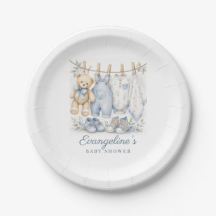 Watercolor We Can Bearly Wait Blue Baby Shower Paper Plate