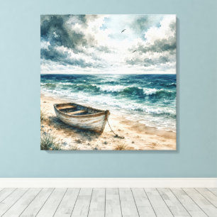 Watercolor Weathered Rowboat on a Coastal Beach Canvas Print