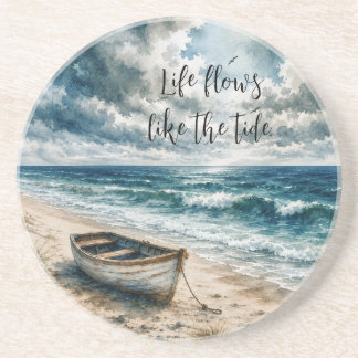 Watercolor Weathered Rowboat on a Coastal Beach Coaster
