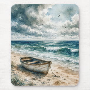 Watercolor Weathered Rowboat on a Coastal Beach Mouse Mat