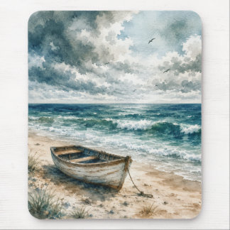Watercolor Weathered Rowboat on a Coastal Beach Mouse Mat
