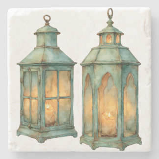 Watercolor Weathered Turquoise Candle Lantern Pair Stone Coaster