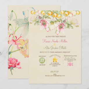 Watercolor Wedding All in One Pink Green Yellow Invitation