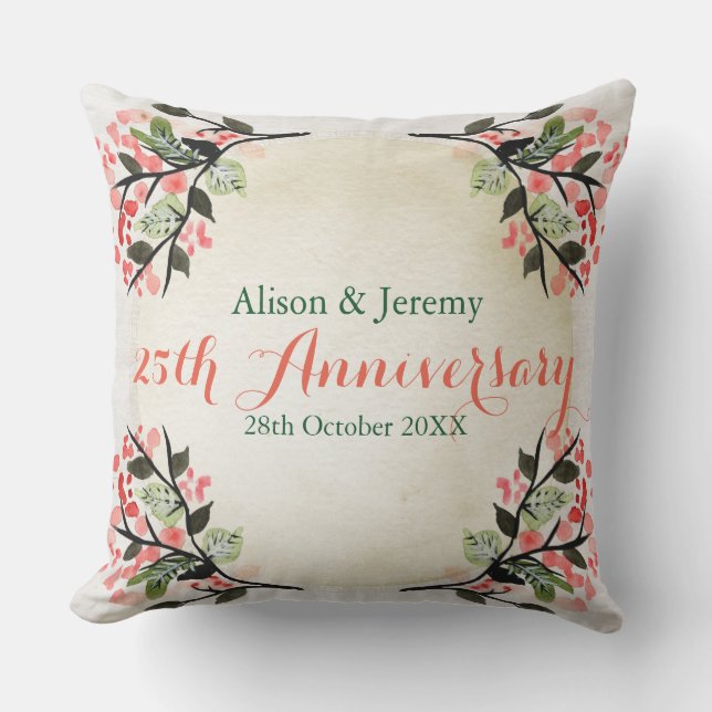 Watercolor Wedding Anniversary Botanical Coral Cushion (Front)