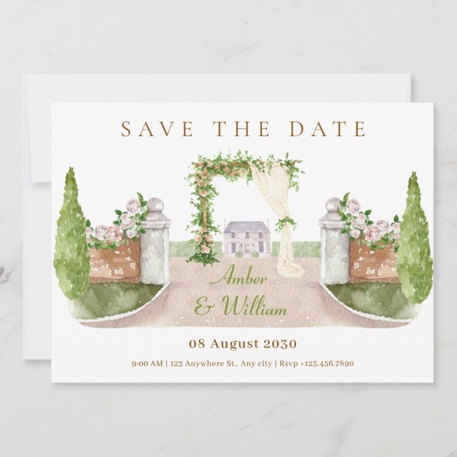 Watercolor Wedding arch landscape garden art  Save The Date (Front)