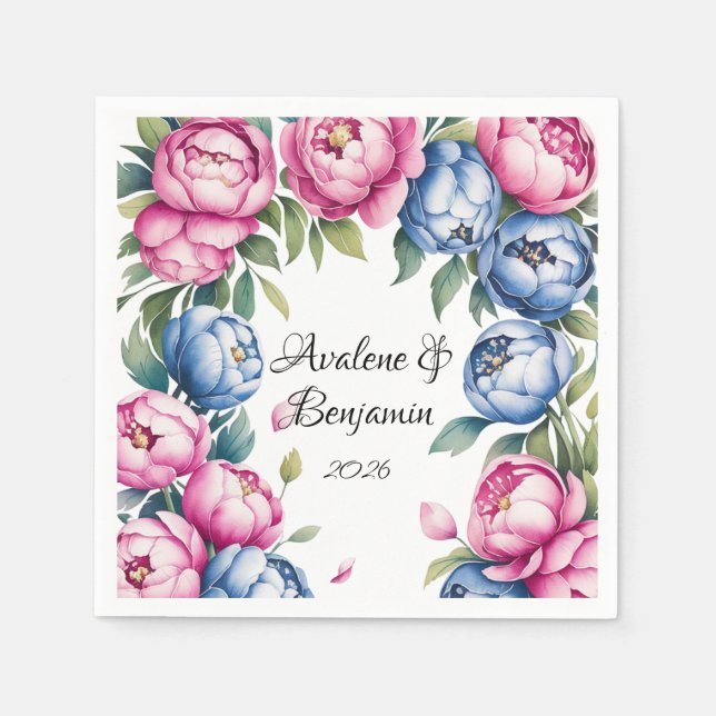 Watercolor Wedding Arch with Pink and Blue Blooms Napkin (Front)