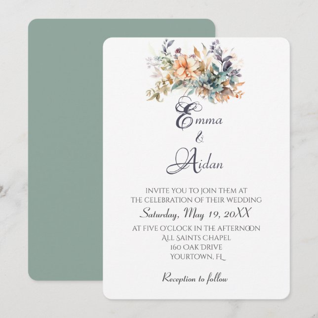 Watercolor Wedding Bouquet On Ivory Invitation (Front/Back)