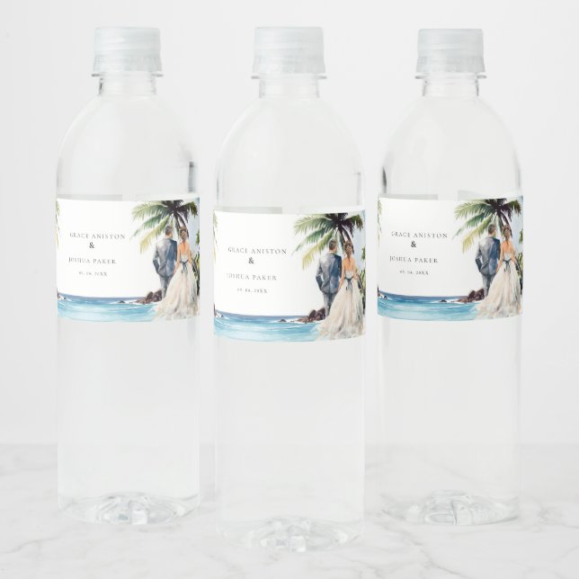 Watercolor Wedding Couple Wedding Water Bottle Label (Bottles)