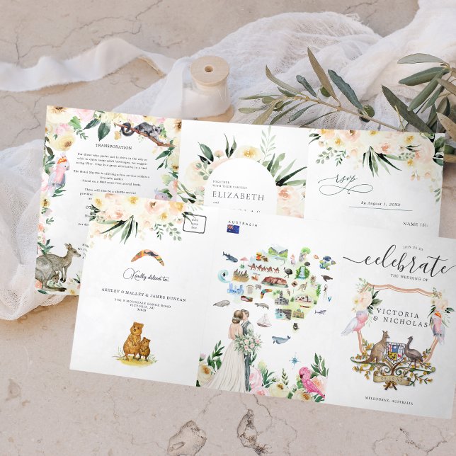 Watercolor Wedding Crest | Australia Wedding Tri-Fold Invitation (Creator Uploaded)