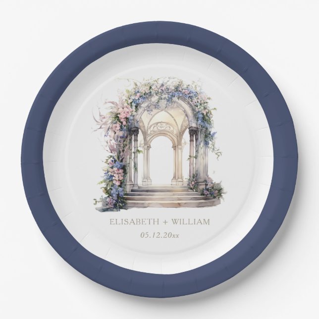 Watercolor Wedding Floral Arch Personalised Paper Plate (Front)