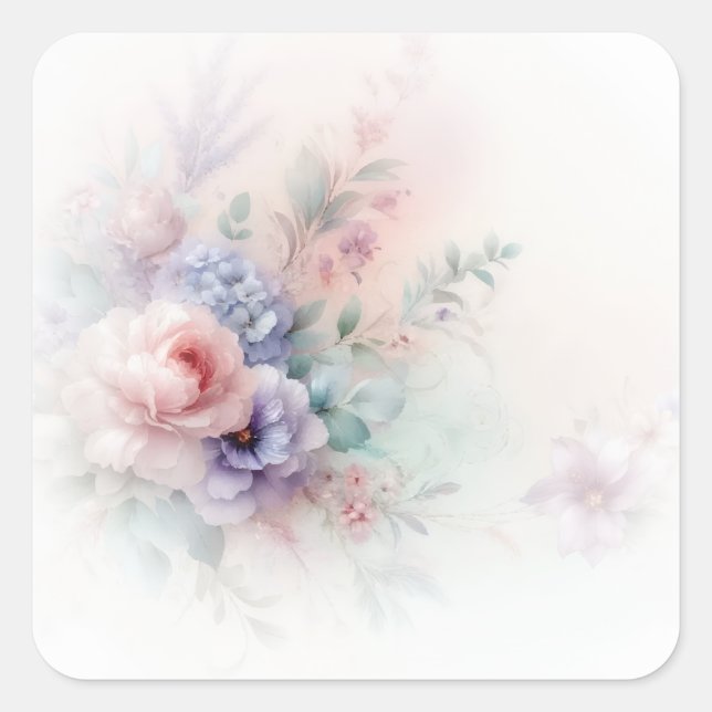Watercolor Wedding Flowers Add Your Text Blank Square Sticker (Front)