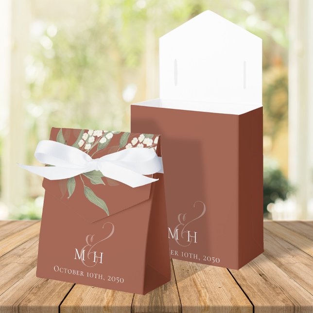 Watercolor Wedding Flowers Botanical Terracotta Favour Box (Elegant Terracotta party favor box with greenery foliage and monogram. )