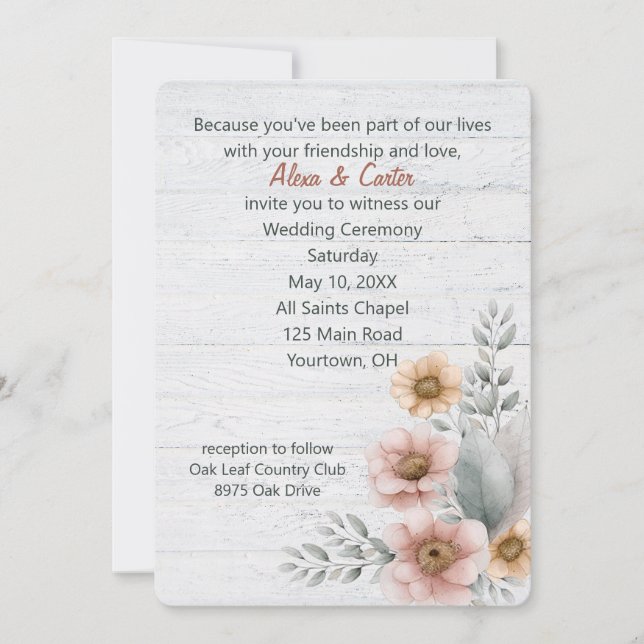 Watercolor Wedding Flowers On Wood Invitation (Front)
