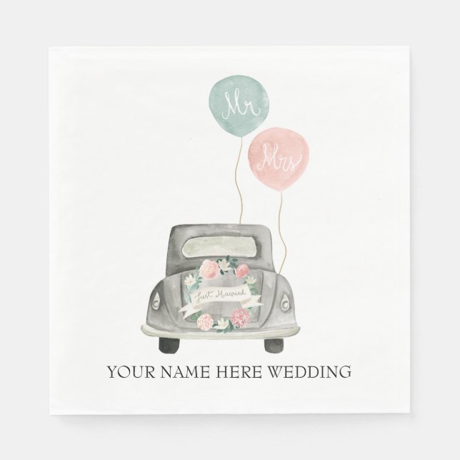 Watercolor Wedding Getaway Car Napkin (Front)