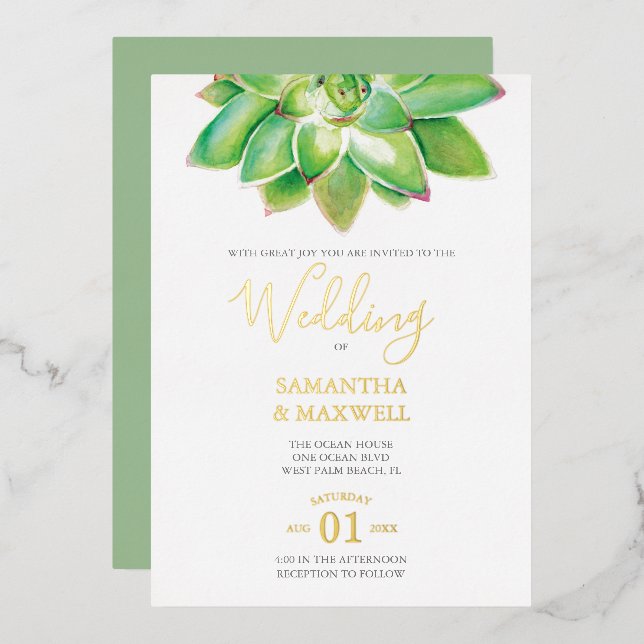 Watercolor Wedding Gold Foil Invitation (Front/Back)