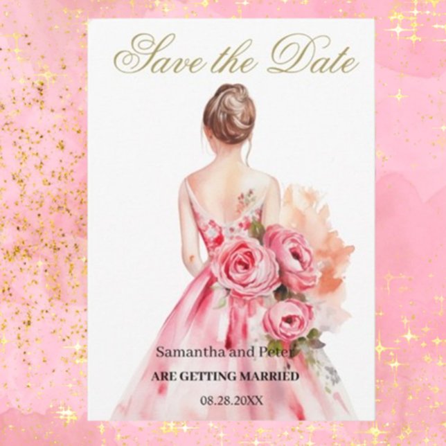Watercolor Wedding Gown Gold Save the Date (Capture hearts with our Watercolor Wedding Gown Save the Date! Designed by Brett Designs, )