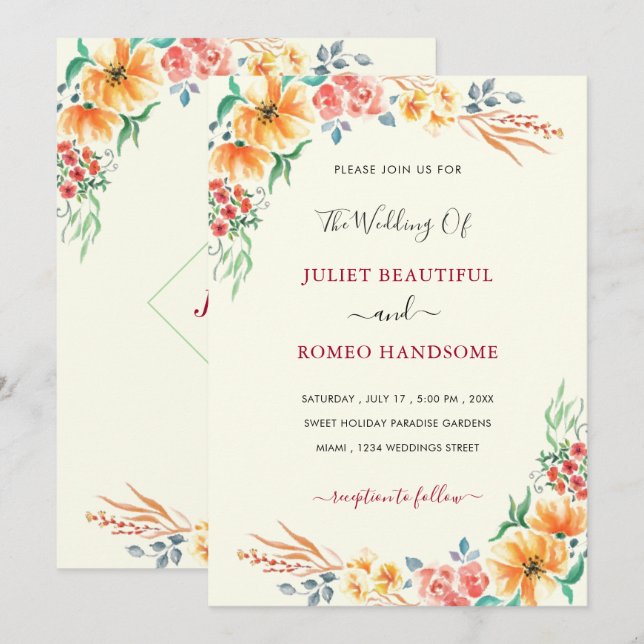 Watercolor Wedding Invitation Modern Floral (Front/Back)