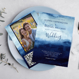 Watercolor Wedding Invitation QR Code Navy Blue 