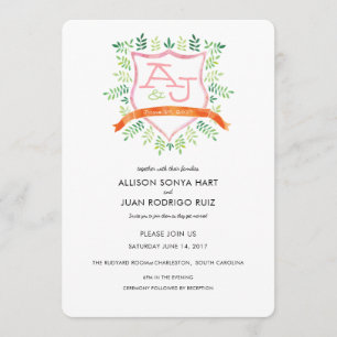 Watercolor Wedding Invitation with Crest Monogram