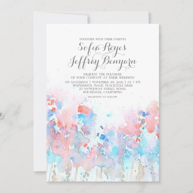 Watercolor Wedding Invitations - Blue Pink Flowers (Front)