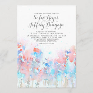 Watercolor Wedding Invitations - Blue Pink Flowers