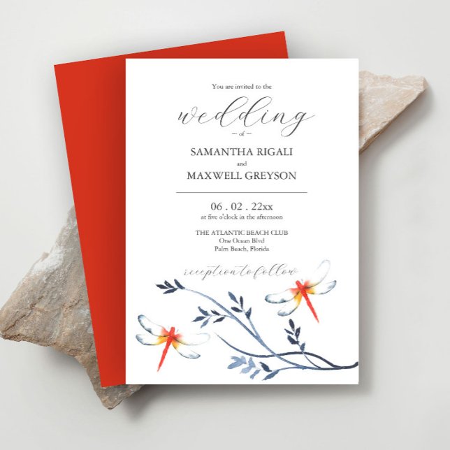 Watercolor Wedding Invitations Red Dragonflies (Red dragonfly wedding invitation features unique watercolor art by Victoria Grigaliunas)