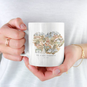 Watercolor Wedding Map   Monogram Newlywed  Coffee Mug
