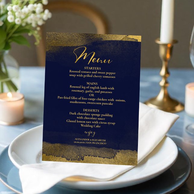 Watercolor Wedding Menus | Blue Abstract Gilded Invitation (Creator Uploaded)