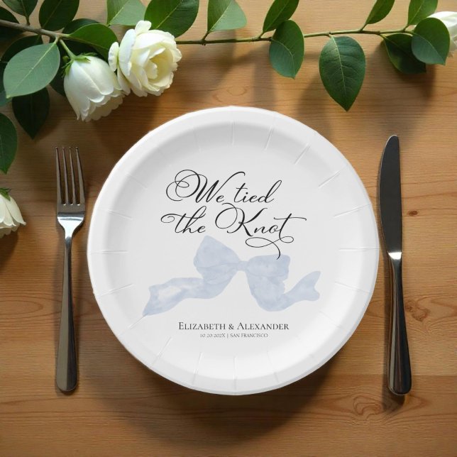 Watercolor Wedding Paper Plates | Dusty Blue Bow (Creator Uploaded)