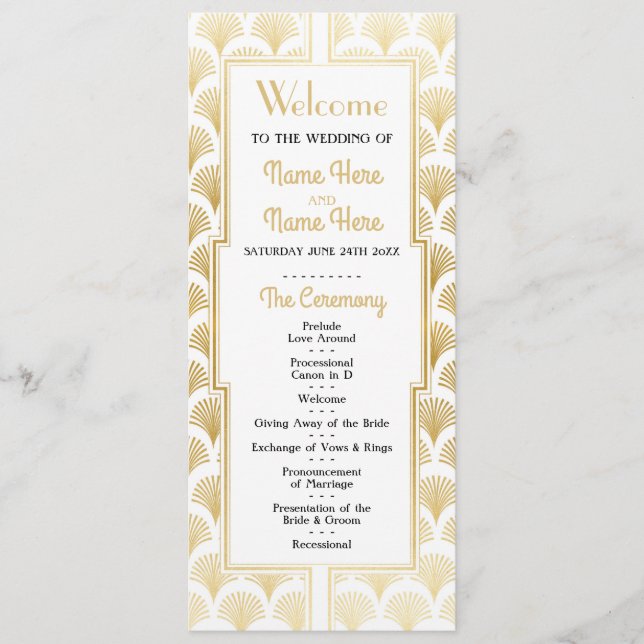 Watercolor Wedding Program 1920's Art Deco Gold Programme (Front)