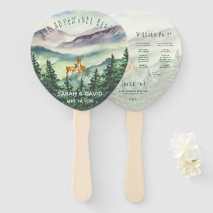 Watercolor Wedding Program Mountains Deer Pines  Hand Fan