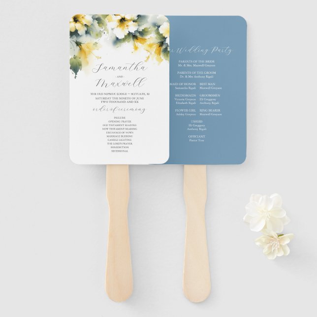 Watercolor Wedding Program Template Blue & Yellow Hand Fan (Front and Back)