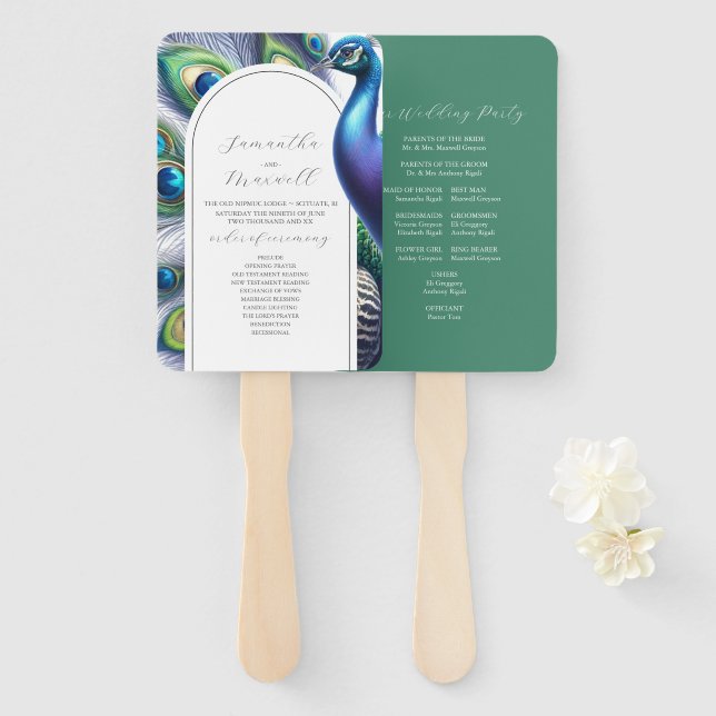 Watercolor Wedding Programs Peacock Hand Fan (Front and Back)