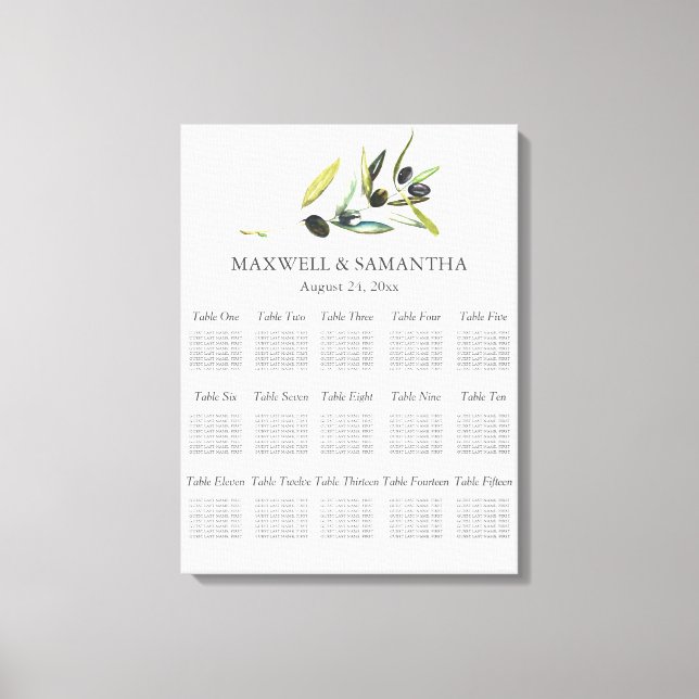 Watercolor Wedding Seating Chart Botanical Olive Canvas Print (Front)