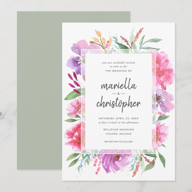 Watercolor Wedding Spring Bouquet Modern Invite (Front/Back)