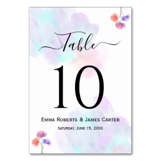 Watercolor Wedding Table Numbers Pink Blue