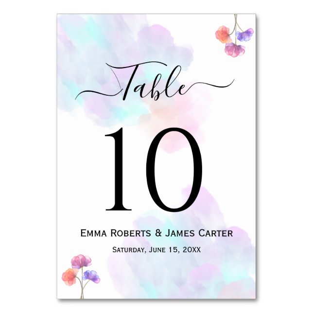 Watercolor Wedding Table Numbers Pink Blue (Front)