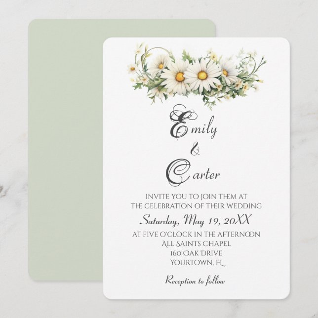 Watercolor Wedding White Daisies Invitation (Front/Back)