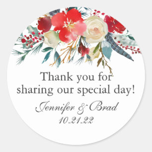 Watercolor Wedding Winter Red Floral Thank You Classic Round Sticker