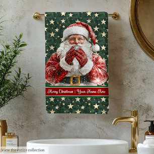 Watercolor Welcoming Santa Claus with Snowflakes Bath Towel Set