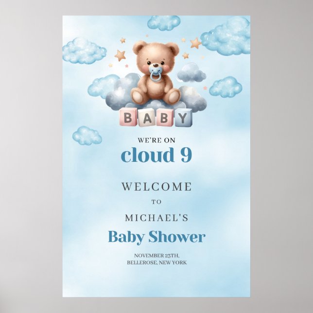 Watercolor we're on cloud nine boy baby shower poster (Front)