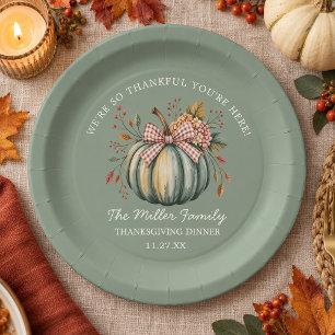 Watercolor We're so Thankful You're Here Pumpkin Paper Plate
