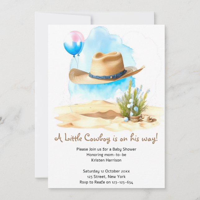 Watercolor Western: Baby Boy's Cowboy Shower Invitation (Front)