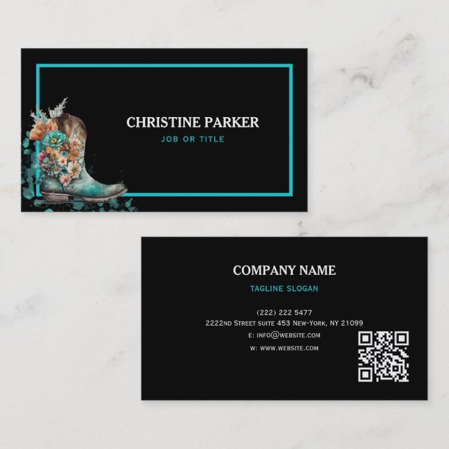 Watercolor Western Floral Boots URL code Business Card (Front/Back)