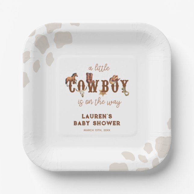 Watercolor Western Little Cowboy Baby Shower Paper Plate (Front)