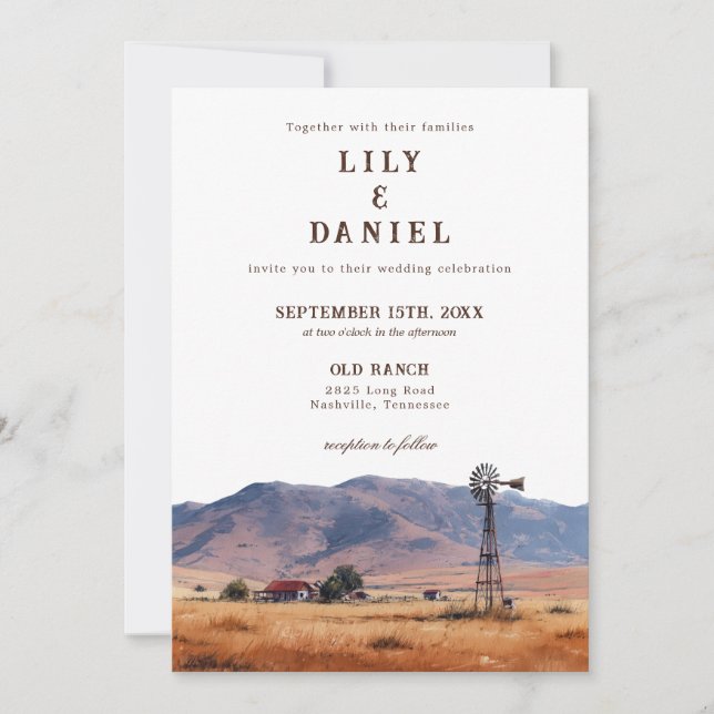 Watercolor Western Mountain Ranch QR Code Wedding Invitation (Front)