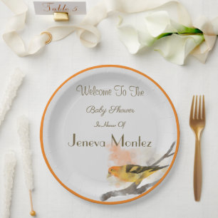 Watercolor Western Tanager Yellow Bird Branch Paper Plate