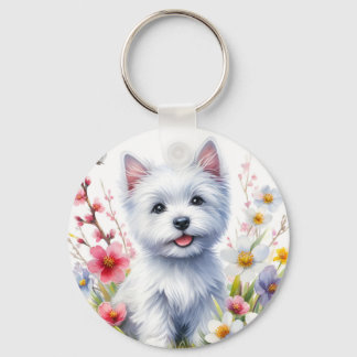 Watercolor Westie on a sunny day - Key Ring