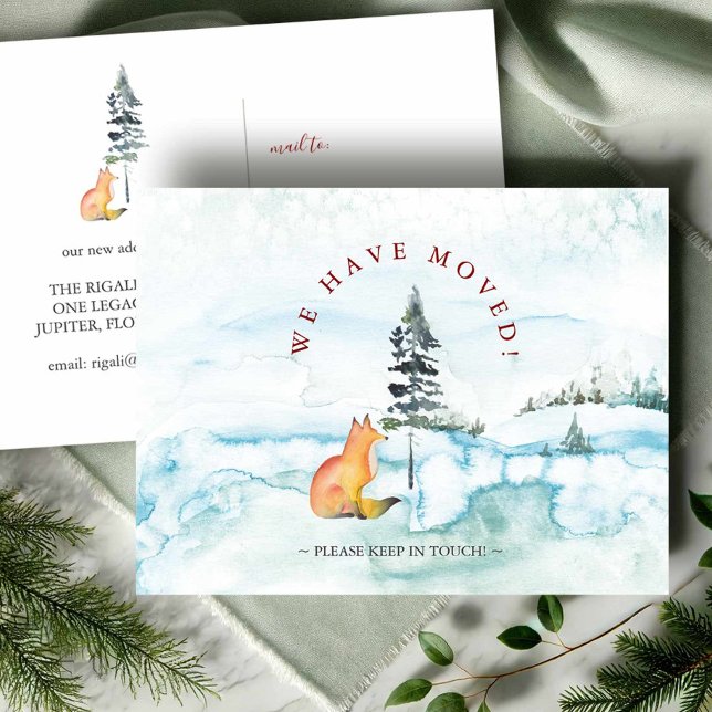 Watercolor We've Moved Christmas Fox Postcard (Winter moving announcement watercolor fox and snowy landscape Victoria Grigaliunas Do Tell A Belle)